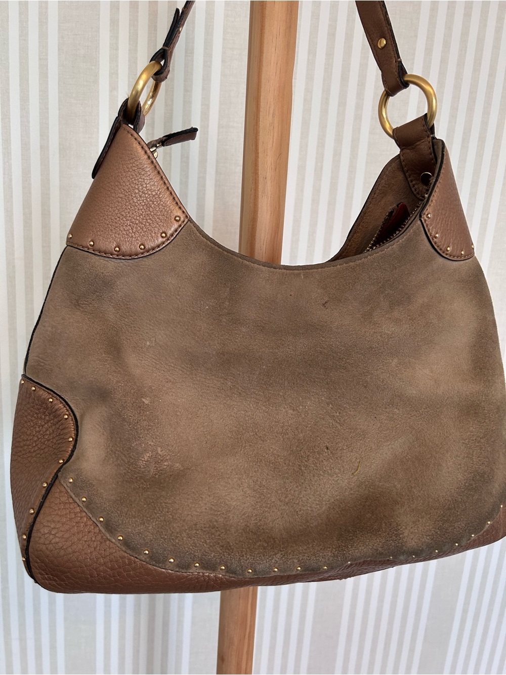 COLE HAAN STEPHANIE SUEDE bronze studded leather horsebit hobo equastrian bag - Picture 5 of 11